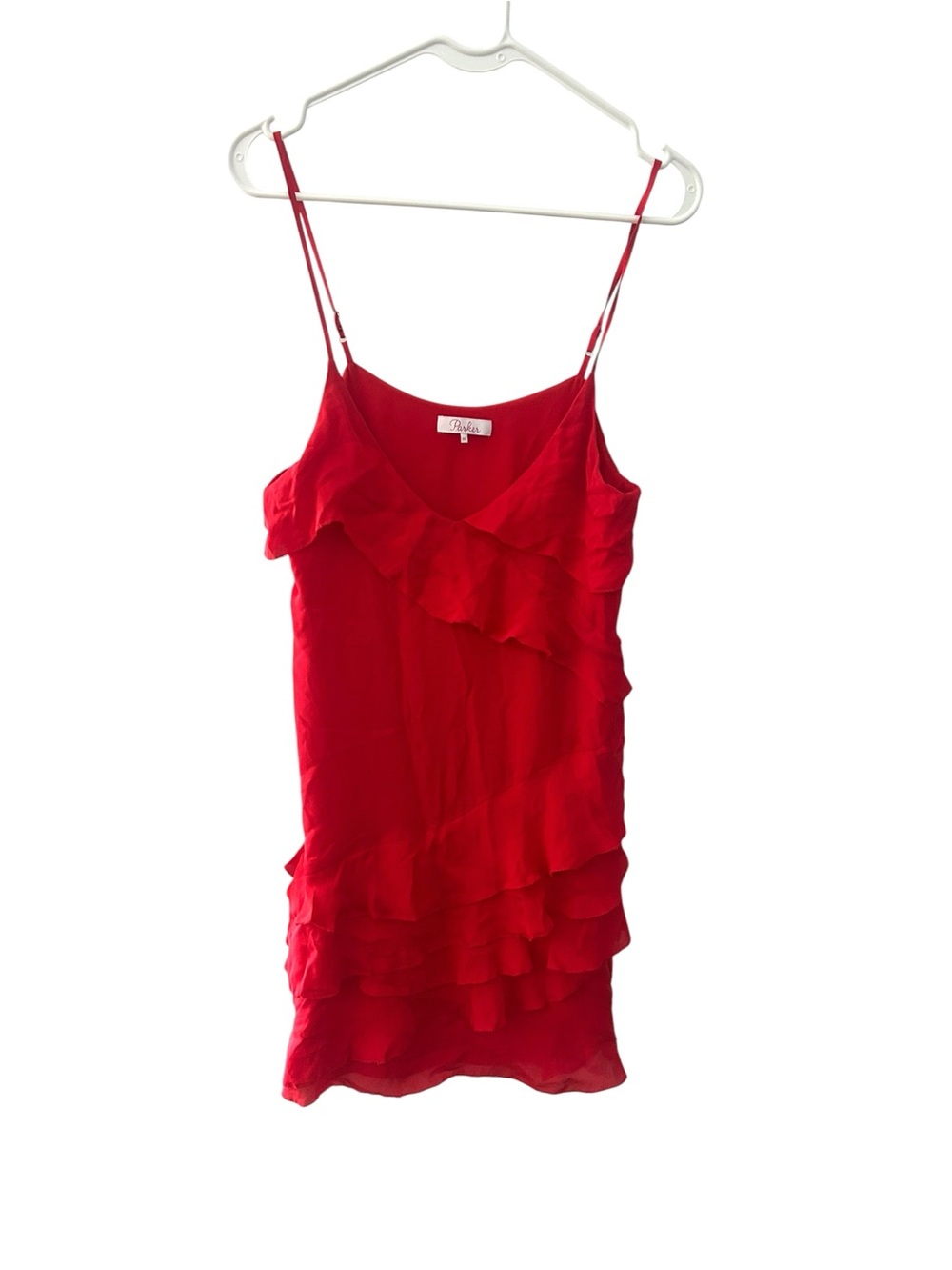 Parker Red Silk Strappy Sleeveless Tiered Ruffle Athena Mini Dress- Sz XS - Picture 8 of 14